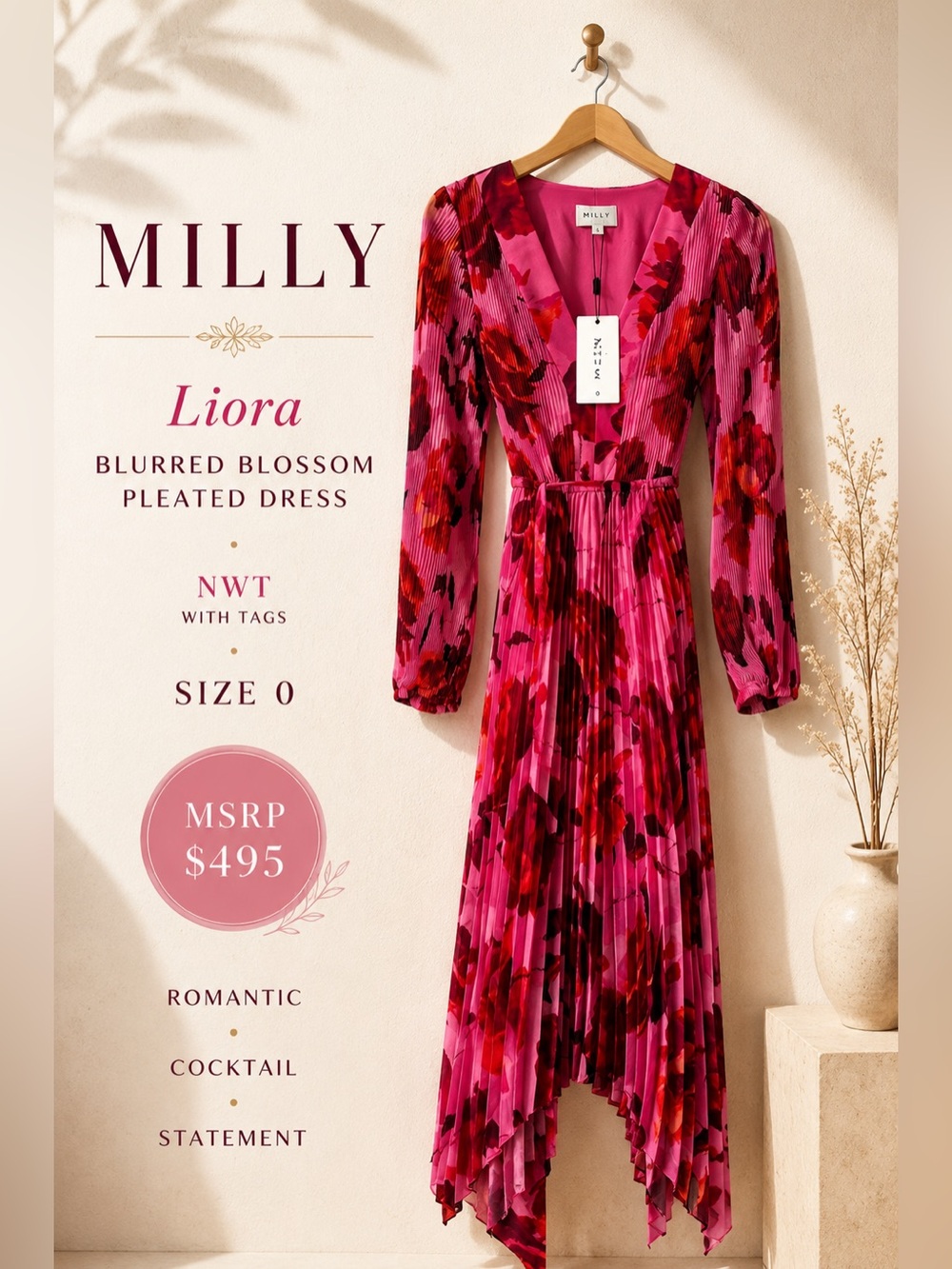 Milly Liora Blurred Blossom Pleated Dress Pink Floral Size 0